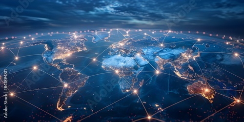 Fototapeta Naklejka Na Ścianę i Meble -  World map connecting flight paths in global business network. Concept Global Business Network, World Map, Flight Paths