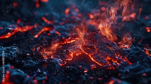 A close-up shot of a fire with bright red flames, great for use in designs related to warmth, energy or passion