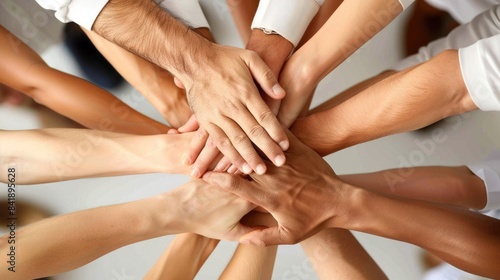 A group of diverse people joining their hands together to show unity and teamwork. AIG535