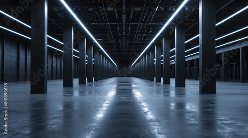 Big black empty clean warehouse. Background image. Created with Generative AI technology. © Artem