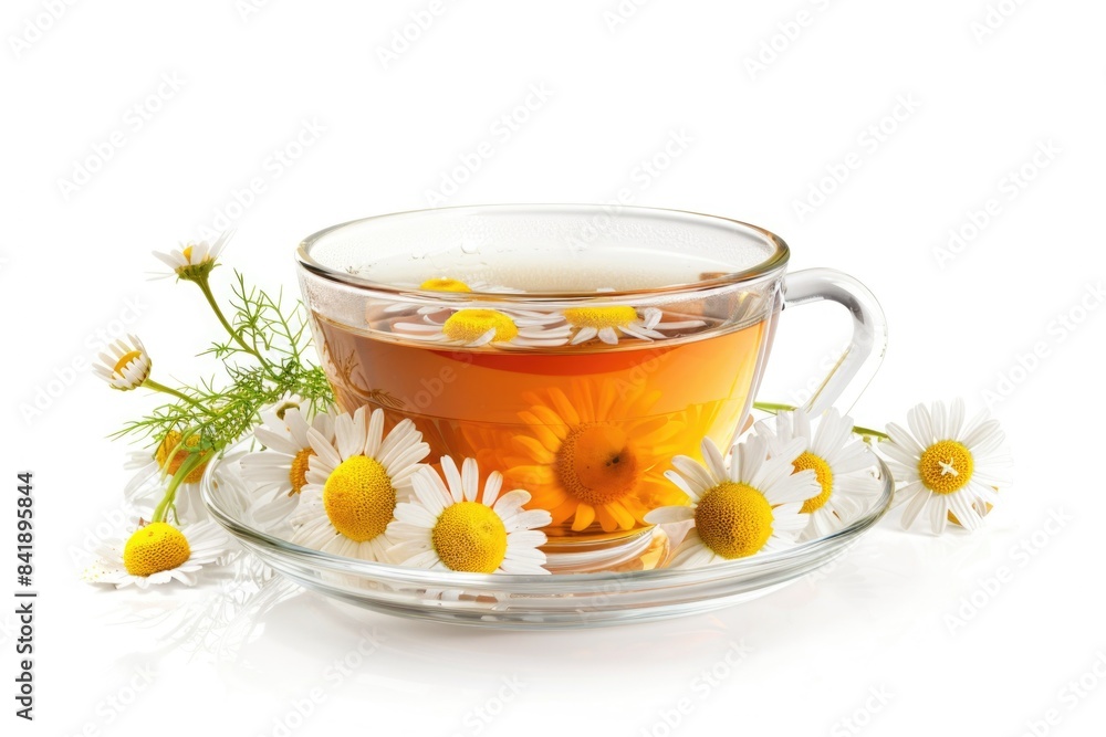 A delicate cup of tea served with fresh flowers on a saucer, perfect for a cozy afternoon A delicate cup of tea served with fresh flowers on a saucer, perfect for a cozy afternoon