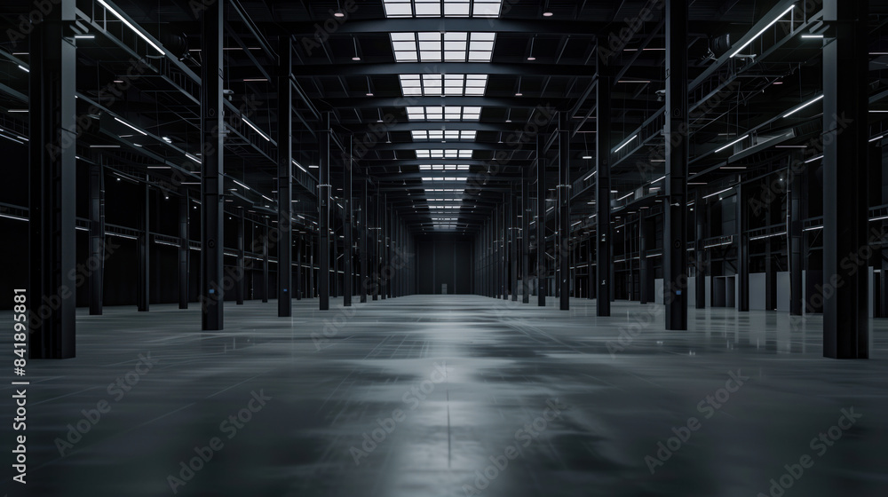 Big black empty clean warehouse. Background image. Created with Generative AI technology. Big black empty clean warehouse. Background image. Created with Generative AI technology.