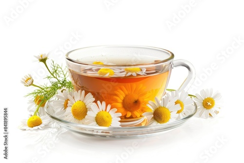 A delicate cup of tea served with fresh flowers on a saucer  perfect for a cozy afternoon