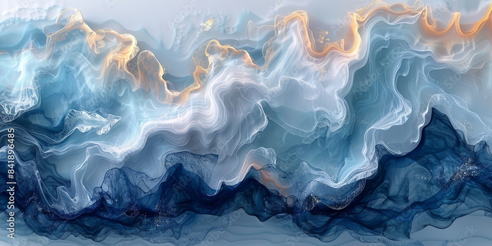 Fototapeta premium Incorporating a palette of blue and white, this fluid wave pattern delivers a contemporary fusion of colors and textures. The design offers a stylish, creative aesthetic with a touch of elegance