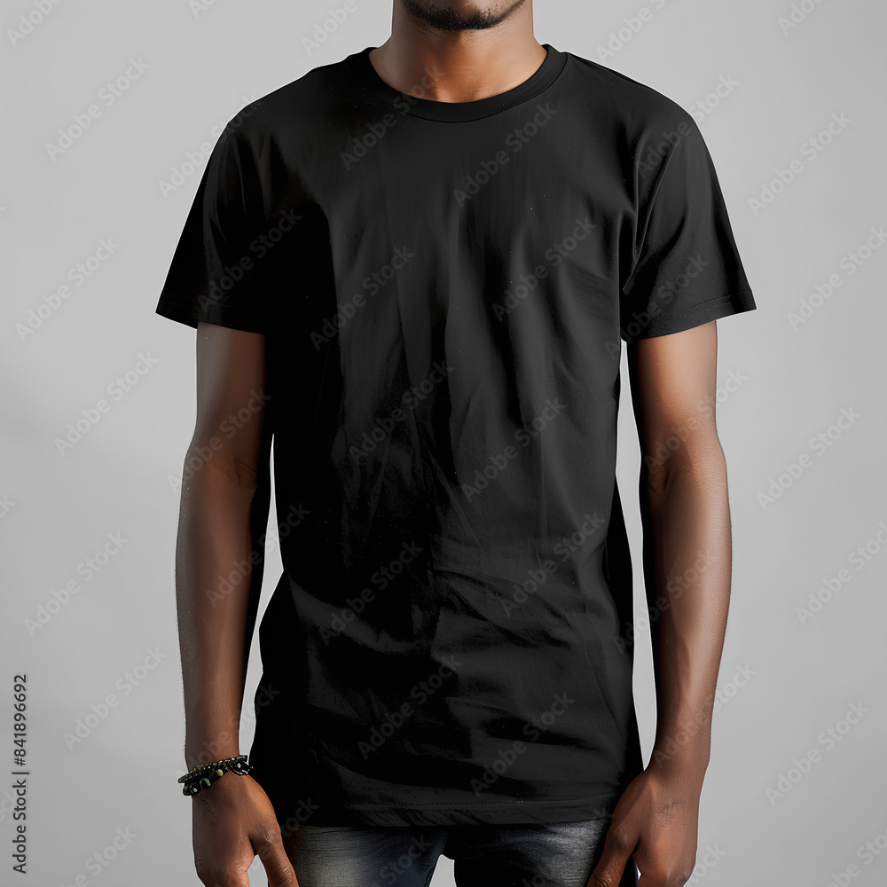 black blank t-shirt mockup, a young black man wearing a plain solid oversized high-quality round neck short-sleeve shirt, in a natural pose and hand gesture to show the texture of the t-shirt black blank t-shirt mockup, a young black man wearing a plain solid oversized high-quality round neck short-sleeve shirt, in a natural pose and hand gesture to show the texture of the t-shirt