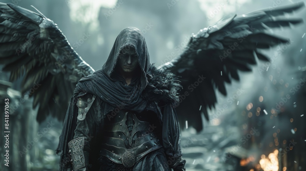Fototapeta premium A man in a black cloak stands in front of a large black angel