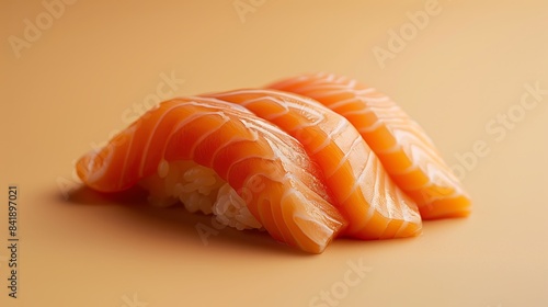 simple, minimalist presentation of salmon sushi, isolated on a light brown background. 
