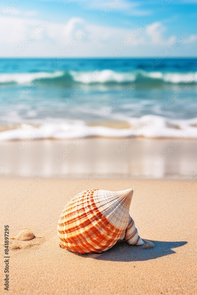 A shell is laying on the sand at the beach. The shell is white and orange, and it is laying on the sand in the sun. The beach is calm, and the water is gently lapping at the shore A shell is laying on the sand at the beach. The shell is white and orange, and it is laying on the sand in the sun. The beach is calm, and the water is gently lapping at the shore