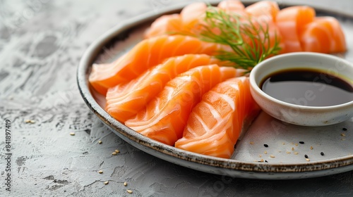 minimalist plate of fresh salmon sashimi with a dipping bowl of soy sauce, isolated on a light gray background. 