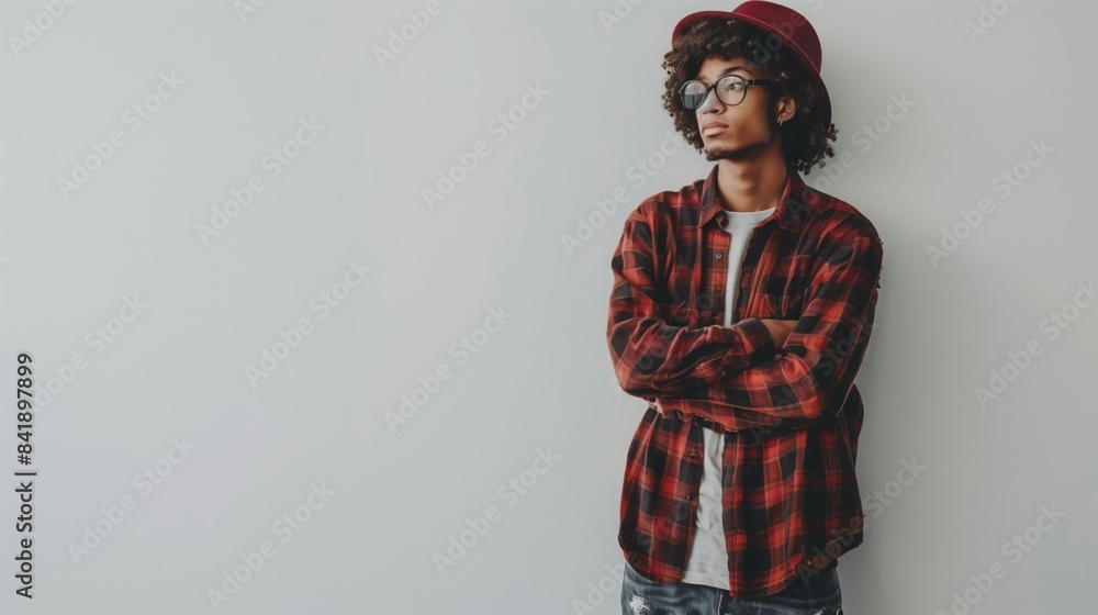 Fototapeta premium Young man in red plaid shirt and glasses
