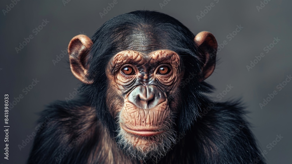 Chimpanzee portrait against a gray backdrop Chimpanzee portrait against a gray backdrop