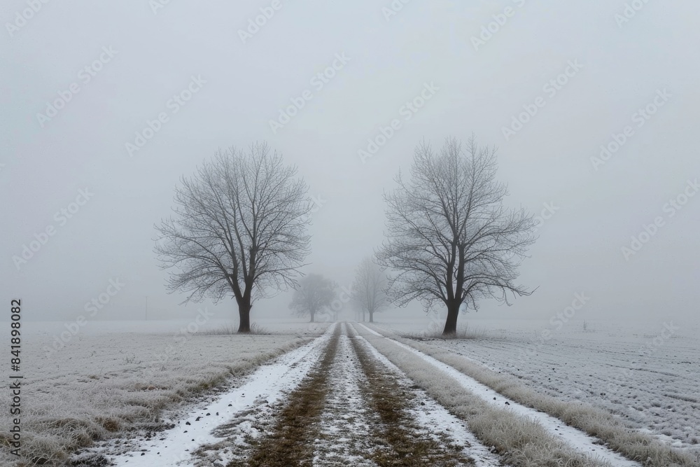 Two trees standing in the middle of a snow-covered field, surrounded by white landscape Two trees standing in the middle of a snow-covered field, surrounded by white landscape