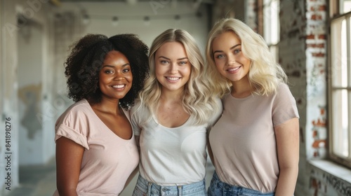 Diverse Group of Three Multiracial Body Positive Women Smiling in Modern Interior. Generative ai