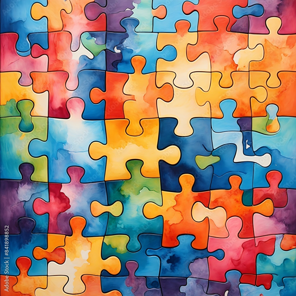 Interlocking puzzle pieces with a watercolor texture, symbolizing connection and diversity in a colorful, abstract design Interlocking puzzle pieces with a watercolor texture, symbolizing connection and diversity in a colorful, abstract design