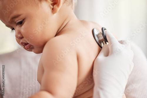 Sick baby  stethoscope or hand of pediatrician for check up  healthcare or illness in family clinic or hospital. Child  breathing or doctor with tools for infant  lungs test or medical exam results