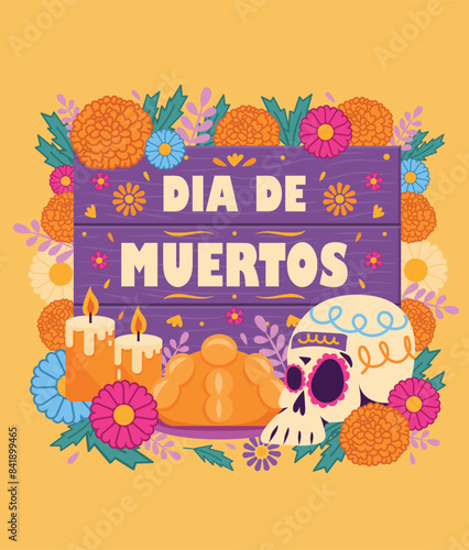 Letrero día de muertos, decorado con cempasúchil, velas, pan de muerto y calaverita de azúcar, México