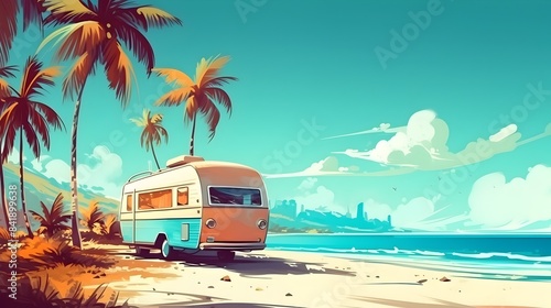 Retro Caravan Parked at Tropical Beach,Scenic Summer Vacation Adventure © yelosole