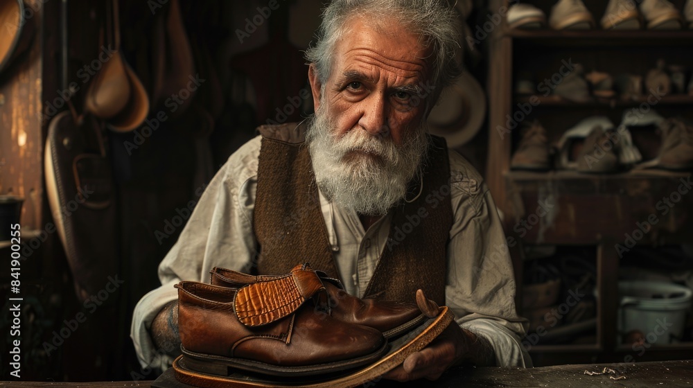 A person with a long white beard holding a pair of shoes, suitable for use in editorial or creative contexts