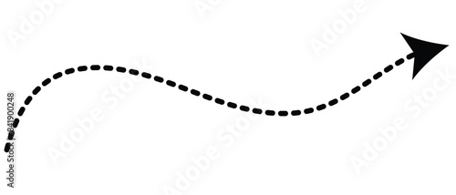 Curved dotted arrow. Zigzag arrow stripes design with dotted lines. Dashed line arrow. hand drawn dashed arrow. Doodle, sketch style. isolated on white background. Vector illustration.