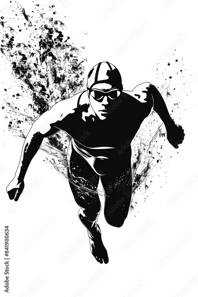 Fototapeta premium A black and white drawing of a man in motion, running with determination