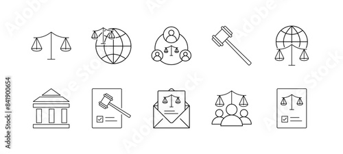 Black Outline Legal and Justice icon set collection on white background. legal icons, justice icons, outline icons, black line icons, law icons, court icons, legal symbols, justice symbols,