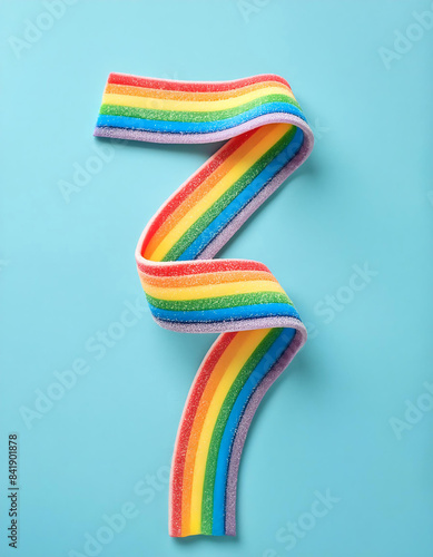 Creative healthy eating food concept photo of rainbow candy belt on blue background.