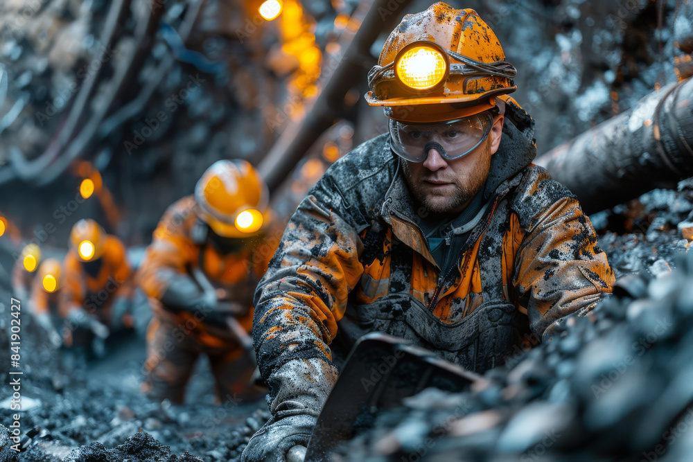 Group of miners work deep underground, extracting coal from a rock face. They use shovels and pickaxes, wearing safety helmets and goggles Group of miners work deep underground, extracting coal from a rock face. They use shovels and pickaxes, wearing safety helmets and goggles