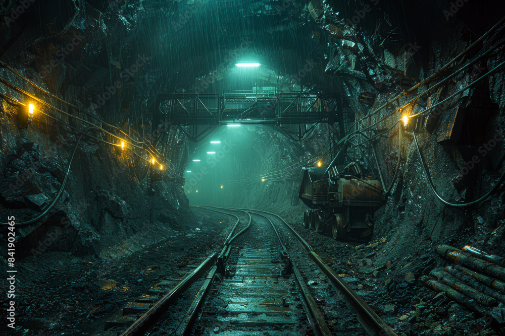 Naklejka premium An empty, dimly lit tunnel in an underground coal mine, featuring tracks and a lone mining vehicle