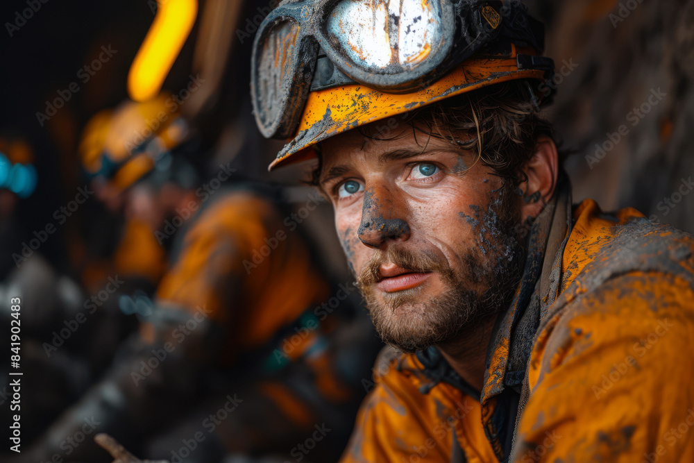 Close-up shot of a coal miner dust-covered face in the mine, capturing the physical and mental toll of underground labor Close-up shot of a coal miner dust-covered face in the mine, capturing the physical and mental toll of underground labor