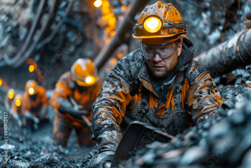 Group of miners work deep underground  extracting coal from a rock face. They use shovels and pickaxes  wearing safety helmets and goggles