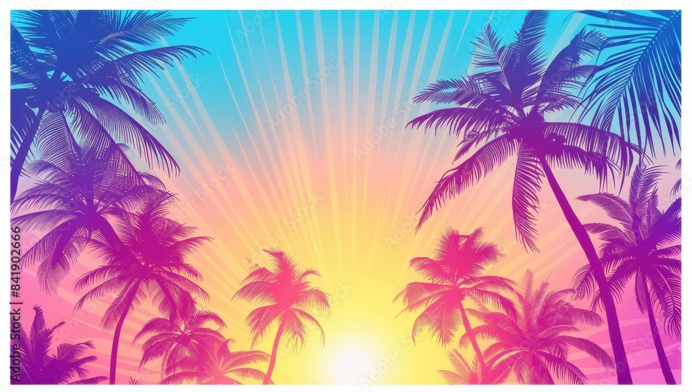 abstract summer background with palm trees, sunset and sun rays, pink orange purple blue gradient Generative AI