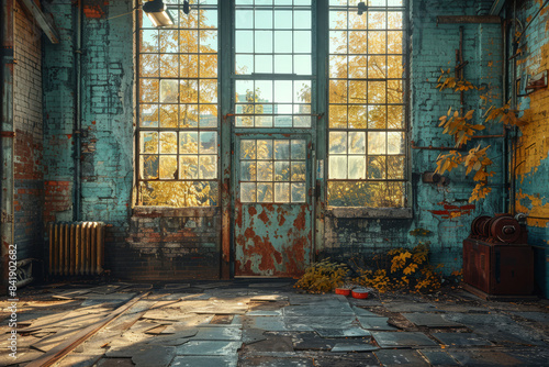 Large industrial window in an abandoned factory with autumn view. The building is worn and weathered  with peeling paint and chipped brickwork. Unemployment and finacial crisis
