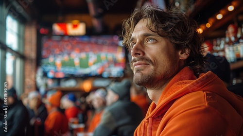 A man in his late thirties with brown hair and wearing an orange hoodie watches the Super Bowl on TV at a bar surrounded by people, shot from behind him.
