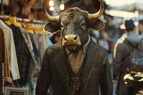 A bull wearing a suit and tie inside a store, potentially for a promotional event or advertisement