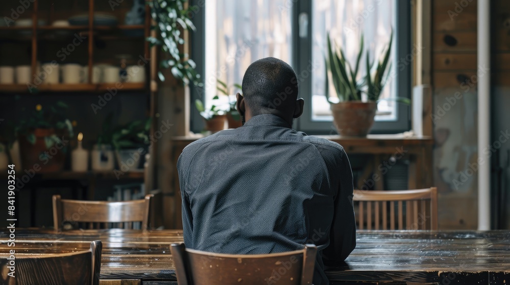 Man seated at table from behind Man seated at table from behind