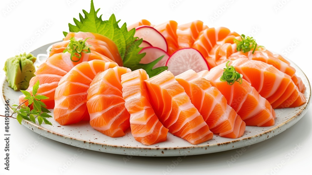 illustration of salmon sashimi arranged in a circle with garnishes, isolated on a white background. illustration of salmon sashimi arranged in a circle with garnishes, isolated on a white background.