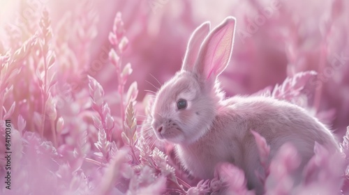 A white rabbit sits among pink flowers in a serene field, perfect for illustrations and designs needing a calm atmosphere