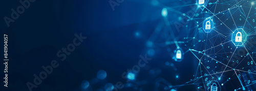 Digital network with secure connections symbolizing data protection and cybersecurity in a dark blue background.