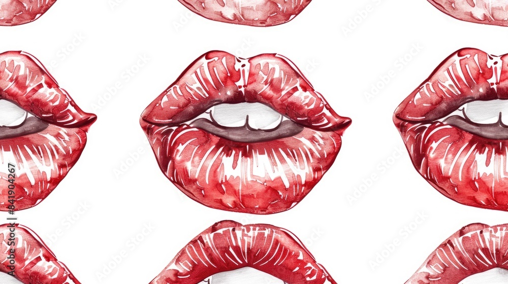 A close-up image of six red lips painted in watercolor style A close-up image of six red lips painted in watercolor style