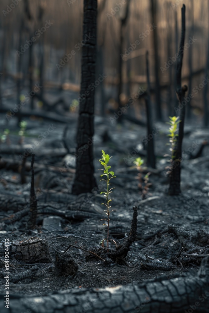 A small plant growing out of a burned forest, symbolizing new life and resilience A small plant growing out of a burned forest, symbolizing new life and resilience