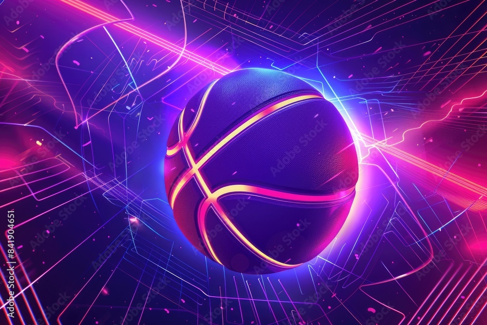 A basketball ball with neon lights in the background A basketball ball with neon lights in the background