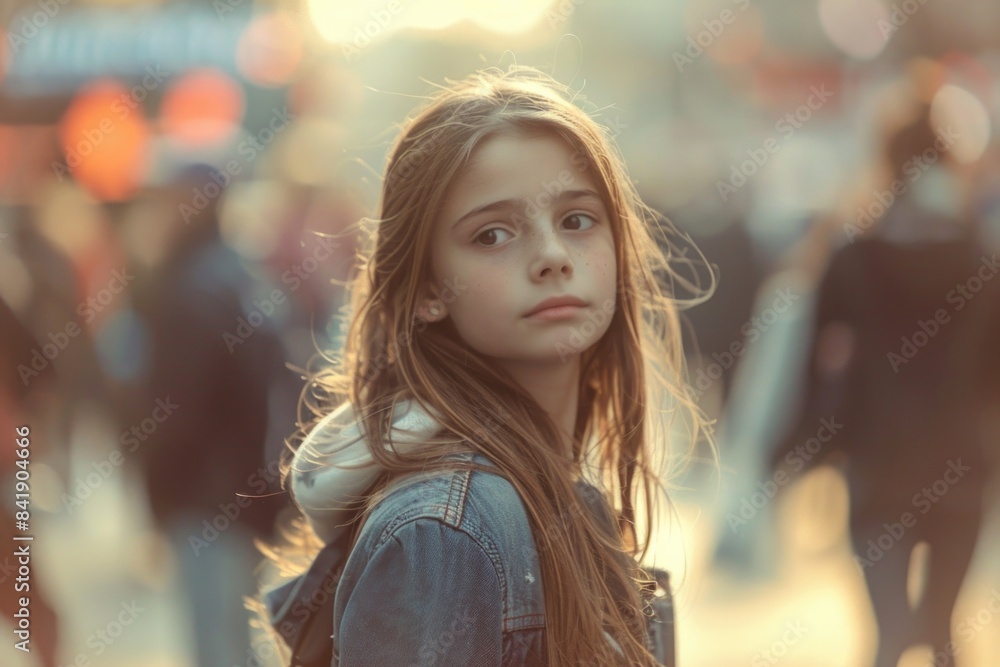 A young girl with long hair stands out among a crowd, suitable for use in illustrations or editorial content about youth culture and social dynamics A young girl with long hair stands out among a crowd, suitable for use in illustrations or editorial content about youth culture and social dynamics