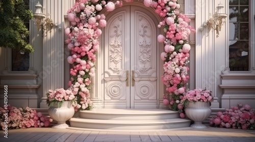 The front door of a house is blue and has a white trim. The door is flanked by two large pink bushes. The bushes are in vases and are placed on the steps leading up to the door
