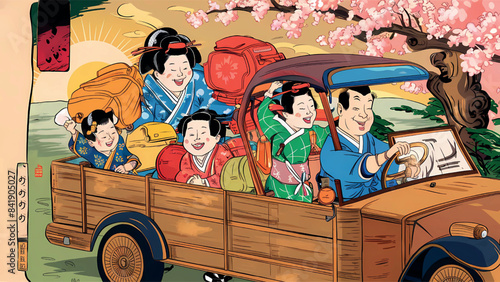 A happy family carrying their belongings in the car and getting ready to go out and spend the summer vacation at the seaside, 