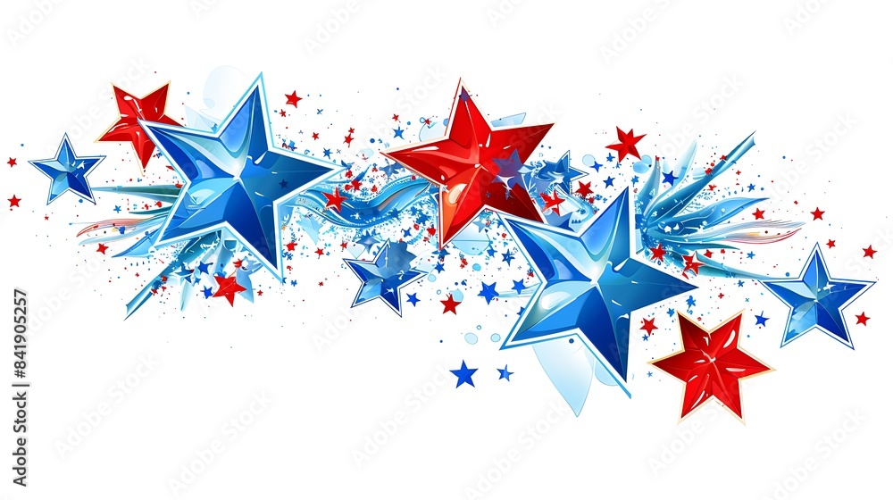 Elegant blue and red stars creating a sparkling effect on a clean white background, celebrating American pride. Elegant blue and red stars creating a sparkling effect on a clean white background, celebrating American pride.