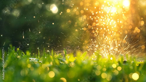 An outdoor scene where a sprinkler system is actively watering a patch of grass. The sunlight casts a warm glow, illuminating the water droplets that are dispersed in various directions.