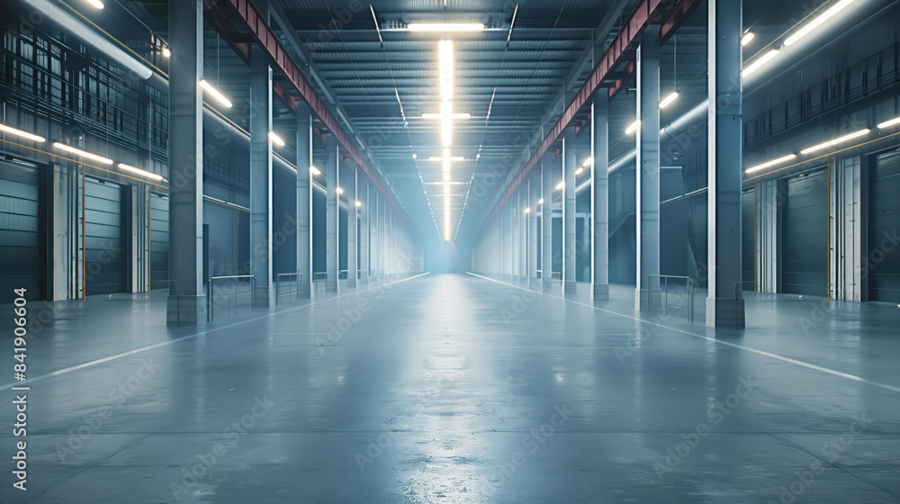 Empty clean futuristic warehouse. Background image. Created with Generative AI technology. Empty clean futuristic warehouse. Background image. Created with Generative AI technology.