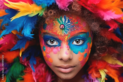 Cheerful face adorned with carnival-themed painting.