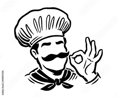Chef in hat emblem. Male cook logo, label decoration for restaurant or cafe menu design. Vector illustration