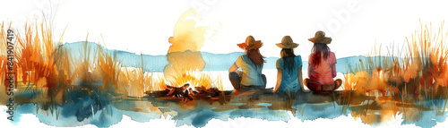 Watercolor painting of three people in hats sitting by a campfire in nature, surrounded by reeds and water, capturing a serene outdoor moment.